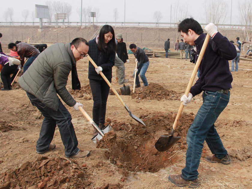 集团团委组织团员青年参加新春植树活动。图为参加植树活动人员正在按照划定的位置和标准挖树坑。