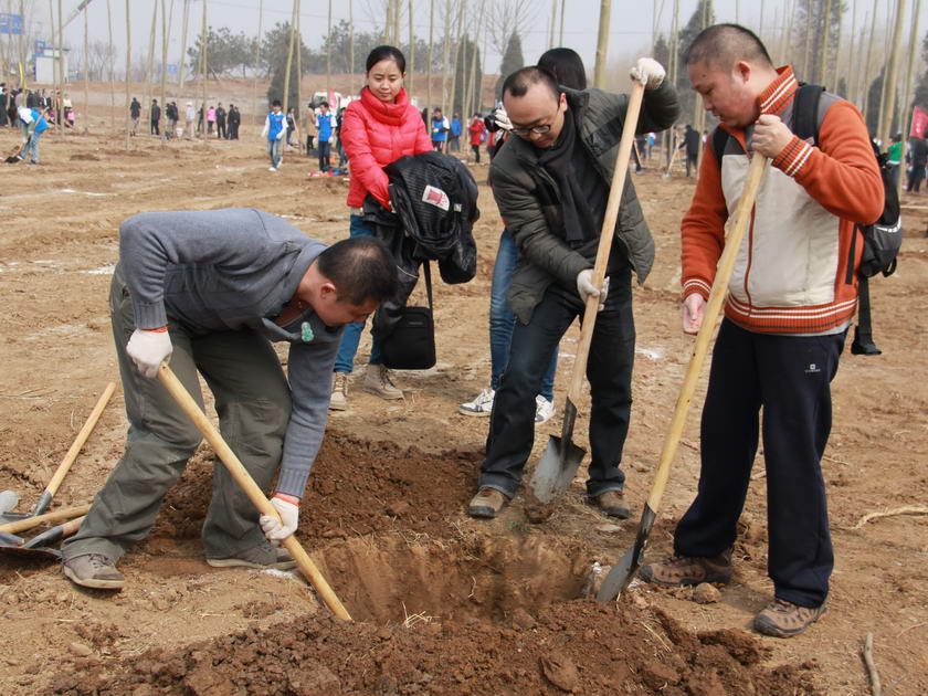 集团团委组织团员青年参加新春植树活动。图为参加植树活动人员正在按照划定的位置和标准挖树坑。