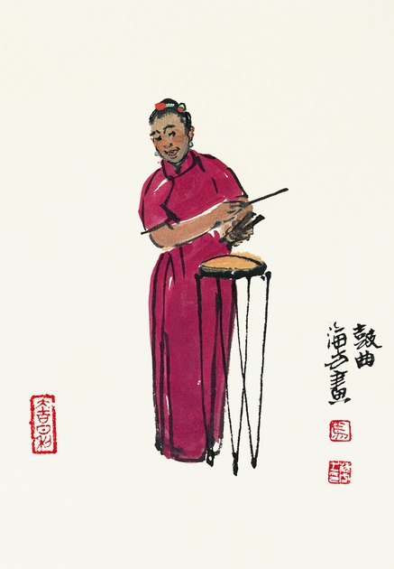 继2011年、2012年成功举办“马海方古都风情人物画展”，荣宝斋于5月1日至7日在书画经营一部画廊举办第三届“春润京华•马海方古都风情人物画展”。此次展览将展出马海方先生近期精心创作的百余件作品。此为《鼓曲》。
