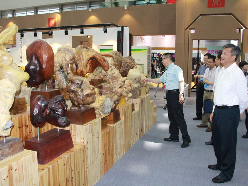 5月15日至19日，第10届文博会在深圳会展中心隆重举行。图为中国出版集团公司总裁谭跃参观雕刻艺术展区。