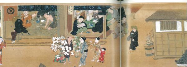 住吉具庆绘《洛中洛外图卷》（东京国立博物馆藏）中元禄年间京都书店的风景，店门口是过路卖花人。